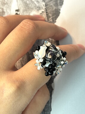 疾走织织|戒指女原创设计黑猫戒指可爱清新手作捷克珠串珠戒指