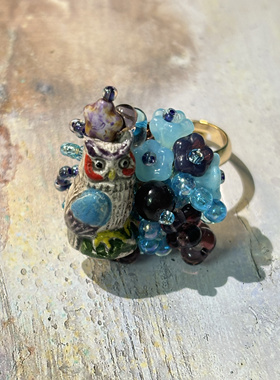 疾走织织|  幸运猫头鹰戒指 串珠戒指 手作戒指 捷克珠戒指