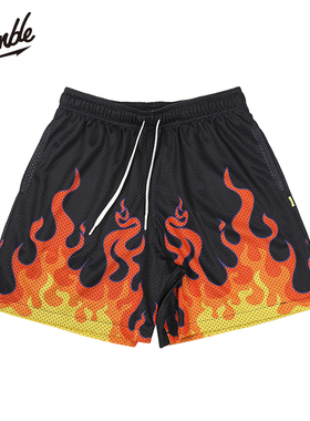 SLAMBLE夏季新款国潮火焰印花网眼短裤男宽松运动速干透气四分裤