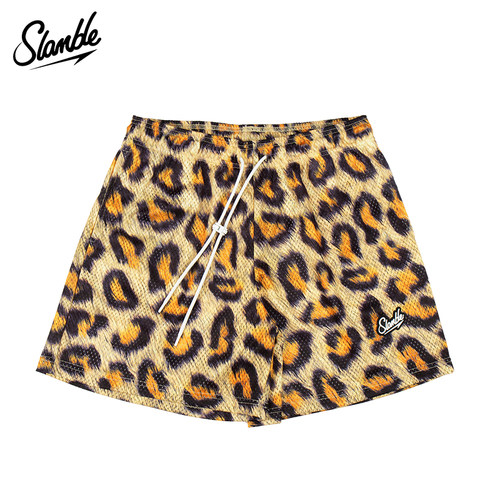 slamble男运动裤透气豹纹短裤