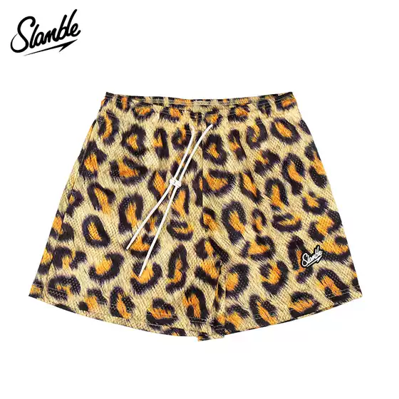 Slamble Men's Sports Shorts, Quarter-Length Mesh Leopard Print Basketball Training Fitness Breathable American-Style Loose Trendy