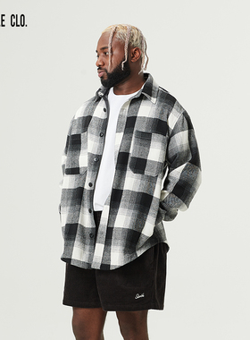 SLAMBLE CLO.新款做旧黑白格衬衣宽松潮流外套休闲运动格子上衣