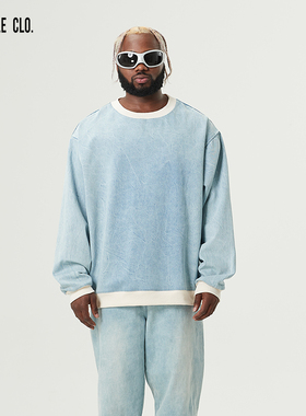 SLAMBLE CLO.新款水洗宽松牛仔套头卫衣休闲圆领潮流美式上衣