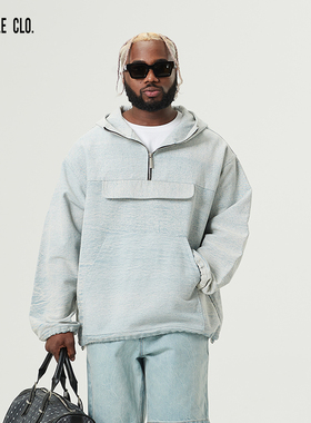 SLAMBLE CLO.新款水洗半拉链牛仔外套夹克男休闲美式潮流上衣