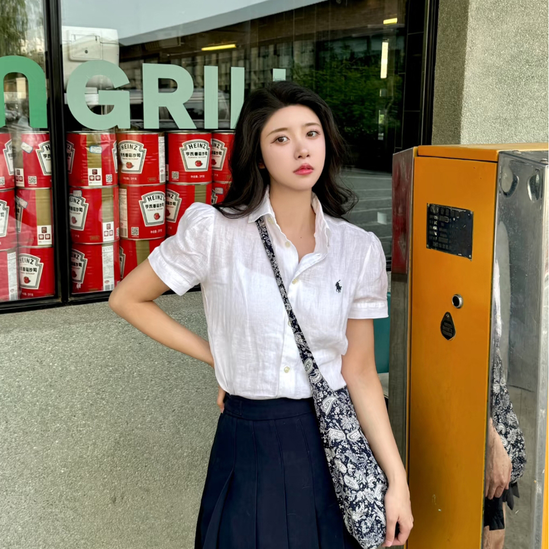 高品质小马标亚麻短袖衬衫女款刺绣宽松百搭薄款防晒夏季纯色上衣