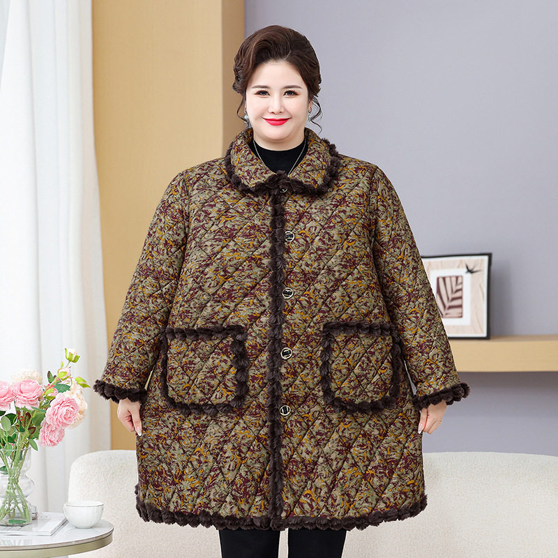 冬季妈妈装加绒棉服保暖外套女加厚翻领中长款中老年大码宽松棉衣