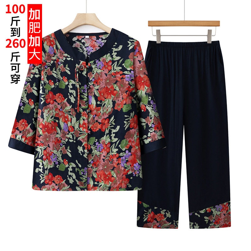 中老年夏装短袖套装女加肥大妈