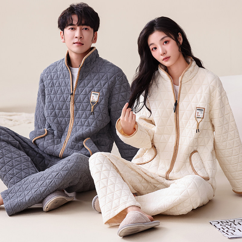 秋冬季加厚夹层夹棉情侣睡衣长袖纯棉拉链保暖休闲家居服男女套装