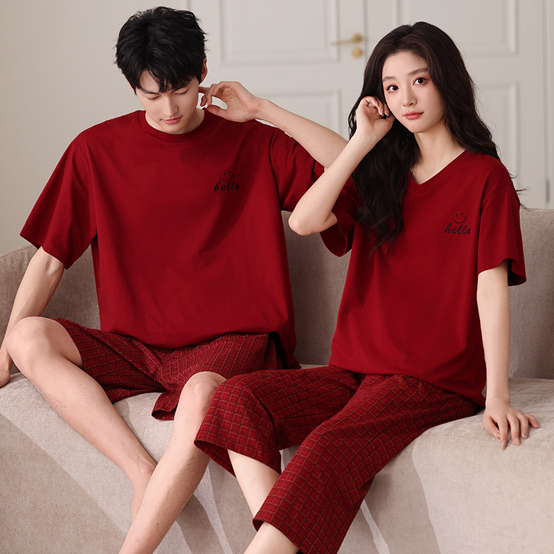 夏季红色结婚莱卡棉情侣睡衣男短袖女七分裤休闲可外穿家居服套装