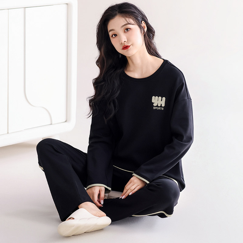 春秋季5A抗菌莱卡棉睡衣女长袖纯棉黑色可外穿大码家居服女士套装