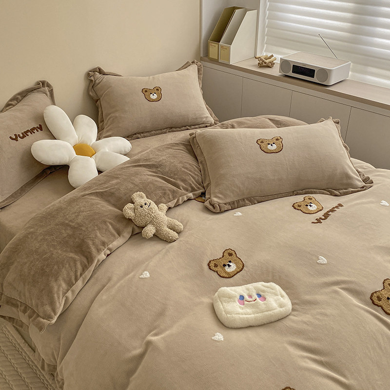A类 美拉德风小熊双面加厚牛奶绒四件套冬季保暖床笠珊瑚绒儿童床,床上用品,床品套件/四件套/多件套,淘宝优惠券,粉丝福利购,淘宝优惠卷