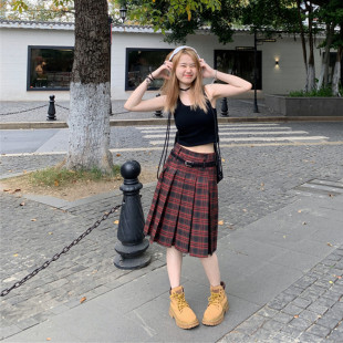 美式复古红色格子百褶裙中长款半身裙女士夏季显瘦jk学院风格子裙