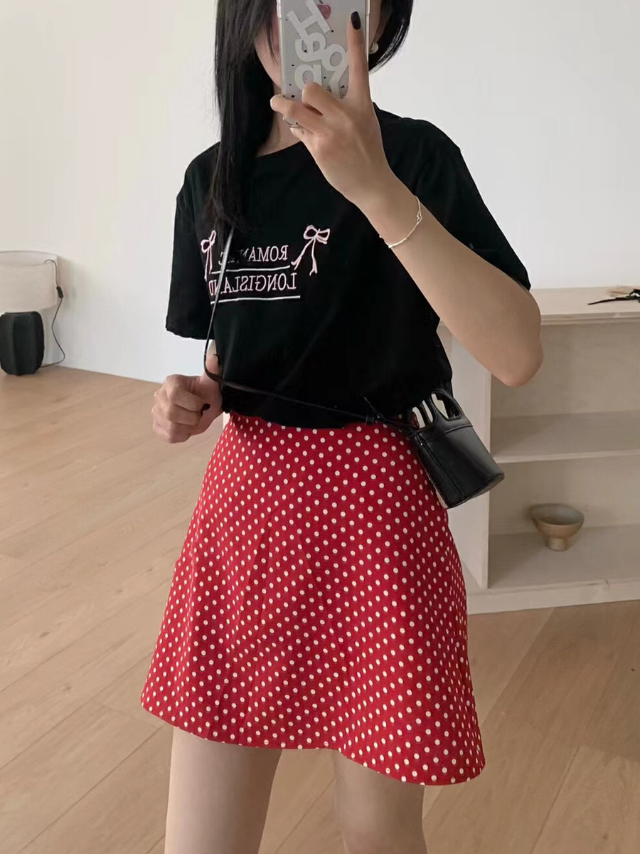 红色复古波点a字半身裙小个子