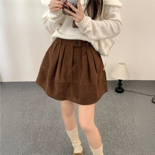 法式 小个子遮胯百搭花苞蓬蓬短裙 复古灯芯绒百褶半身裙女秋冬大码