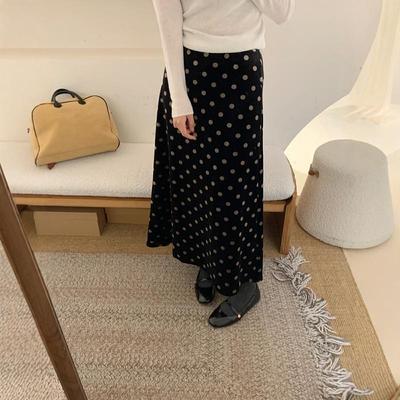 加绒加厚波点丝绒半身裙中长伞裙