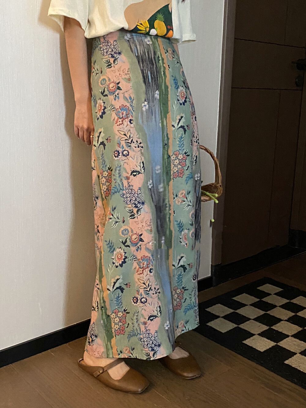 大码复古印花新中式半身裙女显瘦国风中长裙春夏新款碎花开叉裙子