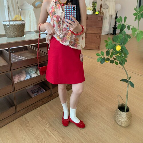 miu系红色亚麻半身裙中裙女夏季大码高腰遮胯直筒裙小个子a字伞裙