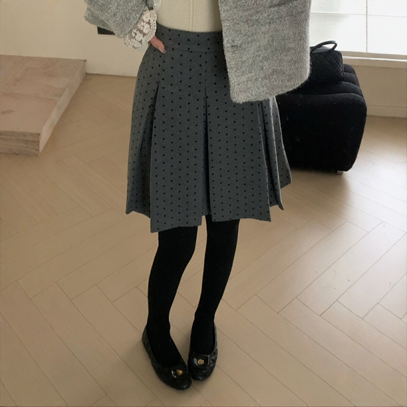 加厚羊毛呢波点百褶裙半身中裙