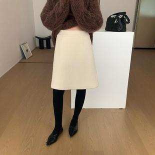 白色羊毛呢半身裙中裙女秋冬大码 高腰遮胯直筒包臀裙小个子a字裙