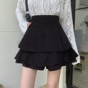 超高腰百褶裙裤 黑色显瘦遮胯蓬蓬短裙 女春秋荷叶边a字半身裙大码