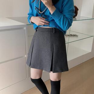 灰色毛呢半身裙女秋冬a字短裙遮胯显瘦开衩呢子裙黑色高腰包臀裙