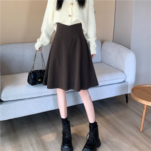 咖色毛呢半身裙女春秋大码 a字伞裙子 胖mm遮肚显瘦梨形身材中长款