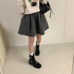 加厚灰色羊毛呢蓬蓬短裙女秋冬大码 小个子遮胯半身裙显瘦花苞伞裙