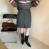 灰色羊毛呢半身裙女秋冬大码 高腰显瘦小个子直筒遮胯开衩包臀中裙