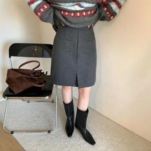 灰色羊毛呢半身裙女秋冬大码 高腰显瘦小个子直筒遮胯开衩包臀中裙