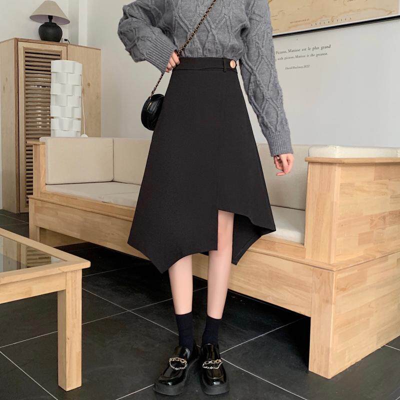 黑色高腰不规则半身裙女2022春秋季大码小众设计中长款A字裙伞裙