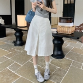 miu系中裙白色棉麻半身裙大裙摆A字裙女夏季 显瘦高腰遮胯伞裙 大码