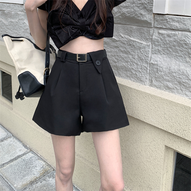 设计感黑色西装短裤女春夏季大码小个子高腰显瘦辣妹休闲阔腿短裤