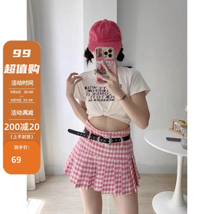 多巴胺粉色格子百褶裙女夏季 大码 甜酷高腰防走光A字jk半身短裙子