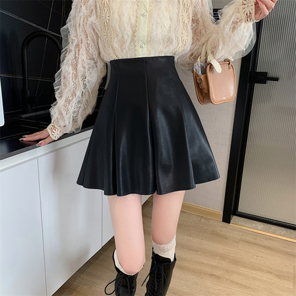 胖mm高腰pu小皮裙女秋冬大码显瘦遮肚子蓬蓬裙伞裙百搭a字半身裙