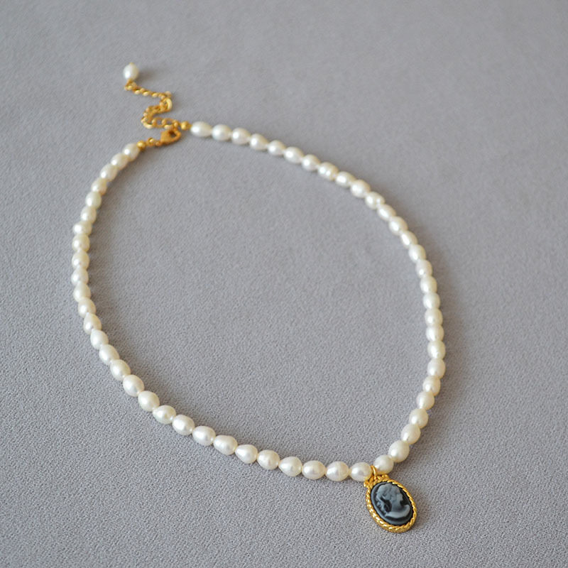 法式柔美复古麻花花边镜子浮雕淡水米粒珍珠短款项链锁骨链