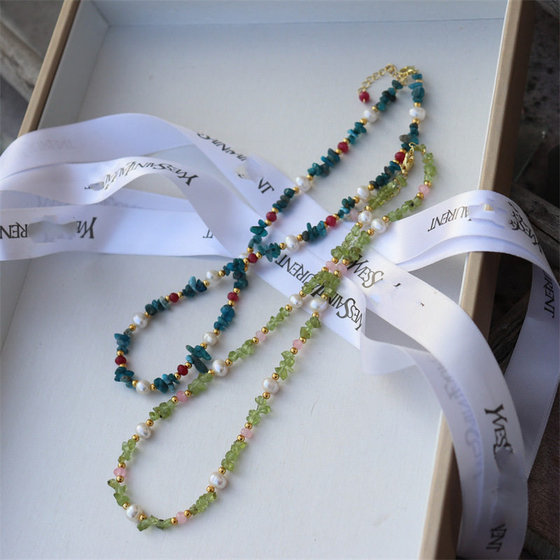 suu 新款复古法式气质中古配色天然石淡水珍珠混搭彩色项链锁骨链