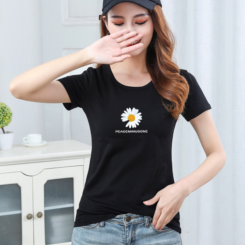 小雏菊花皱白色t恤女短袖纯棉夏装修身短款体恤半袖紧身上衣ins潮
