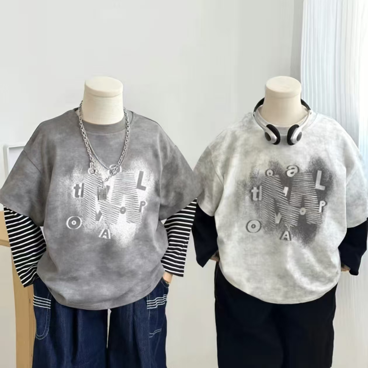 男童纯棉扎染假两件长袖T恤