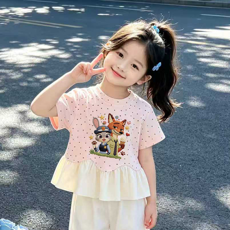 短袖新款波点中大童百搭蕾丝边卡通印花透气夏季时尚韩版女童T恤