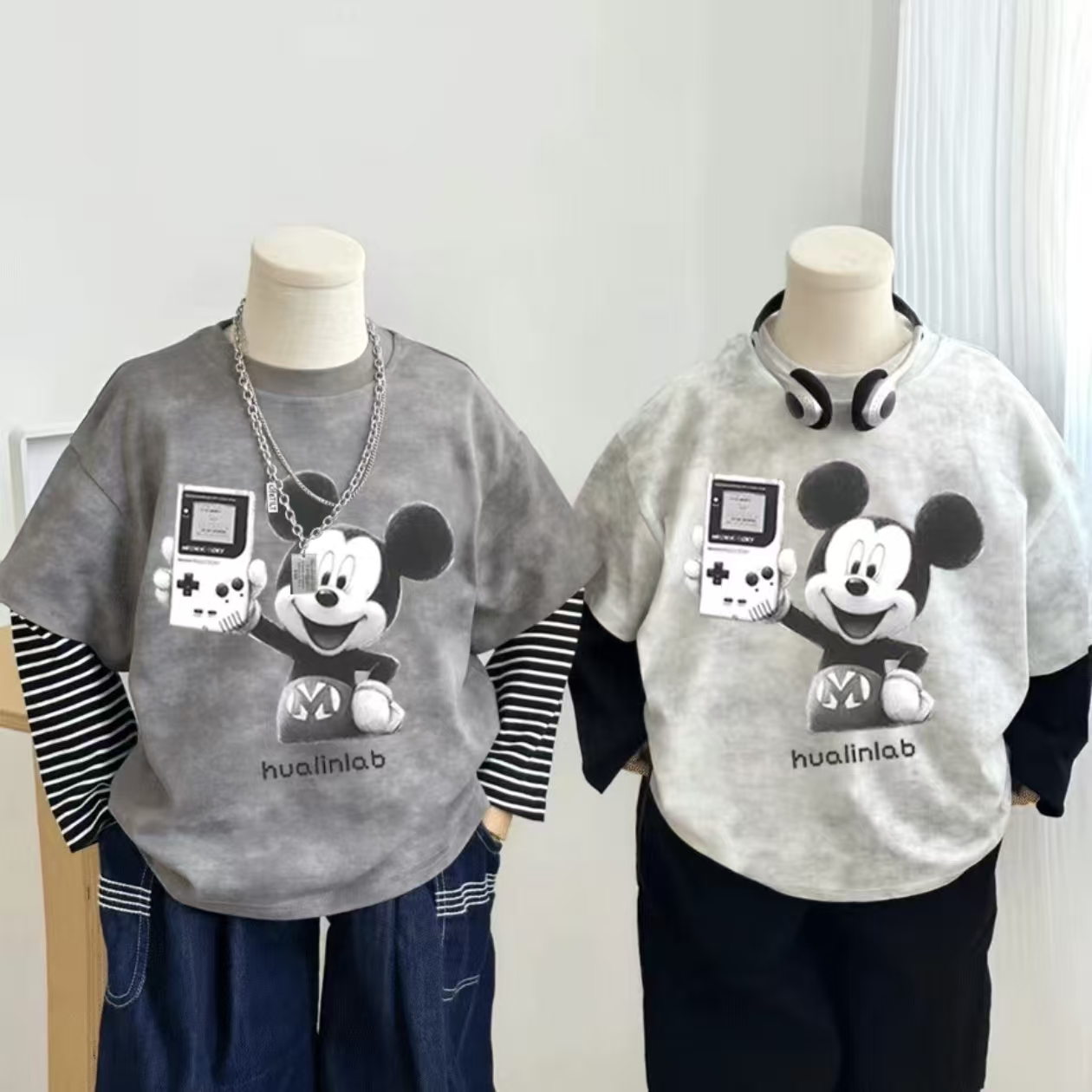 米奇纯棉长袖假两件童T恤