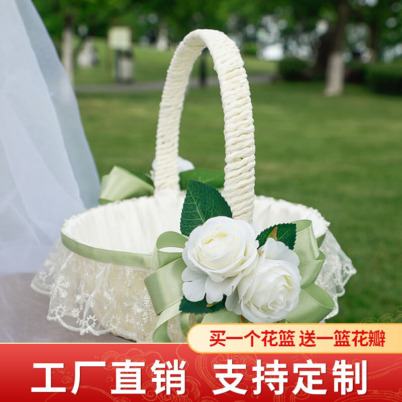 田园风藤编蕾丝花篮结婚庆花童撒花瓣手提篮子送月子礼蕾丝花篮