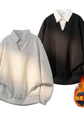 J208高质量加绒加厚假两件卫衣黑色灰色P42M到3XL