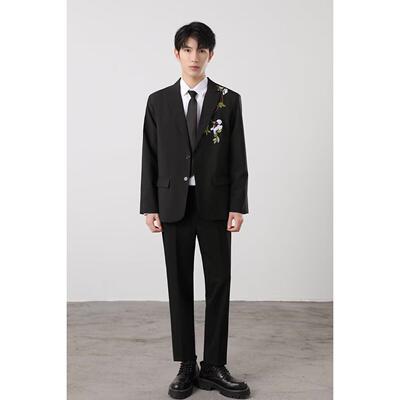 新中式山刺绣休闲西装外套男士痞帅国潮高级感戗驳领西服夹克
