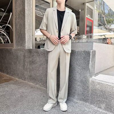高级感短袖西装外套男夏季薄款垂感免烫轻熟风帅气休闲小西服套装