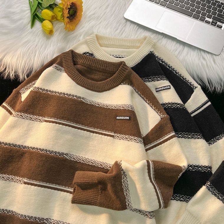 毛衣男秋冬季新款撞色拼接学院风线衣外套宽松慵懒圆领套头针织衫,男装,针织衫/毛衣,淘宝优惠券,粉丝福利购,淘宝优惠卷