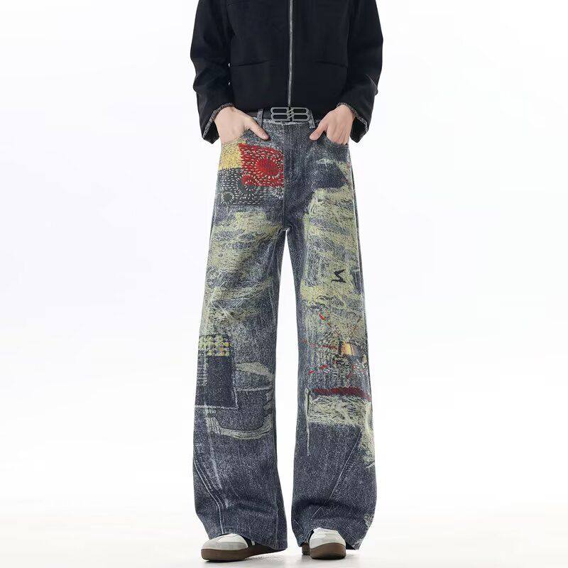 ITURE美式复古3D打印重磅牛仔裤男女街头宽松设计感阔腿百搭长裤,男装,牛仔裤,淘宝优惠券,粉丝福利购,淘宝优惠卷