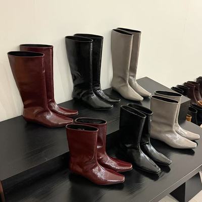 2025新品~复古小坡跟法式酒红色方头套筒低跟短靴高筒骑士长筒靴