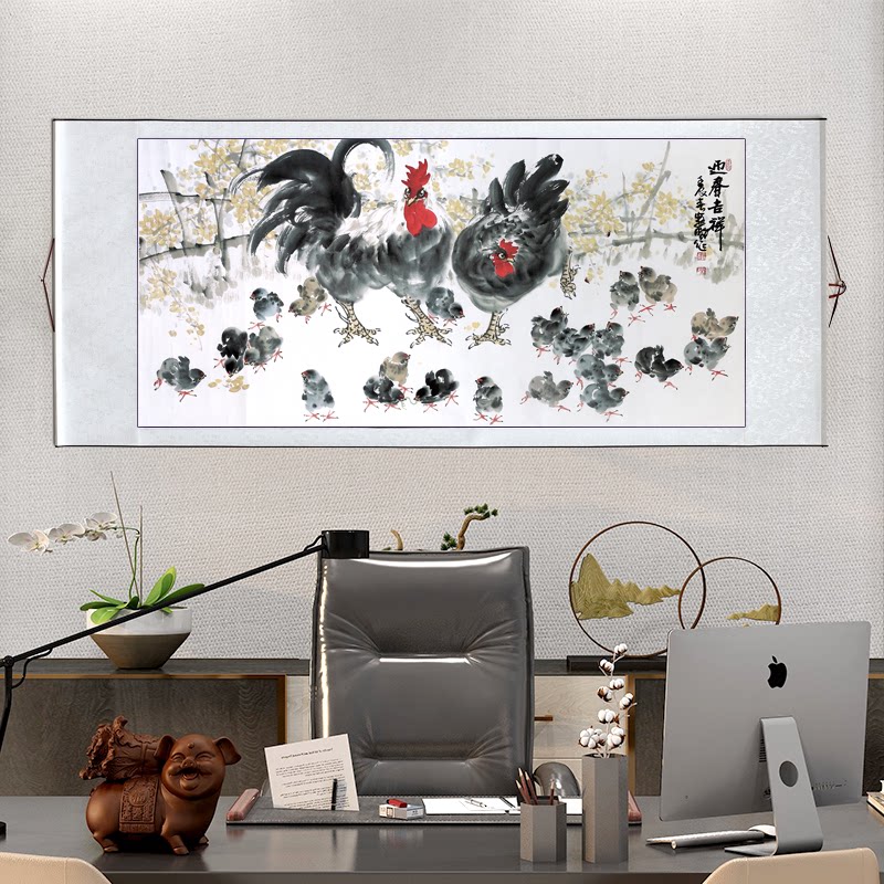 新中式吉祥富贵牡丹金鸡图花鸟画卷轴中式画水墨国画宣纸装饰画