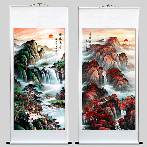 国画山水画心动画廊装裱成轴
