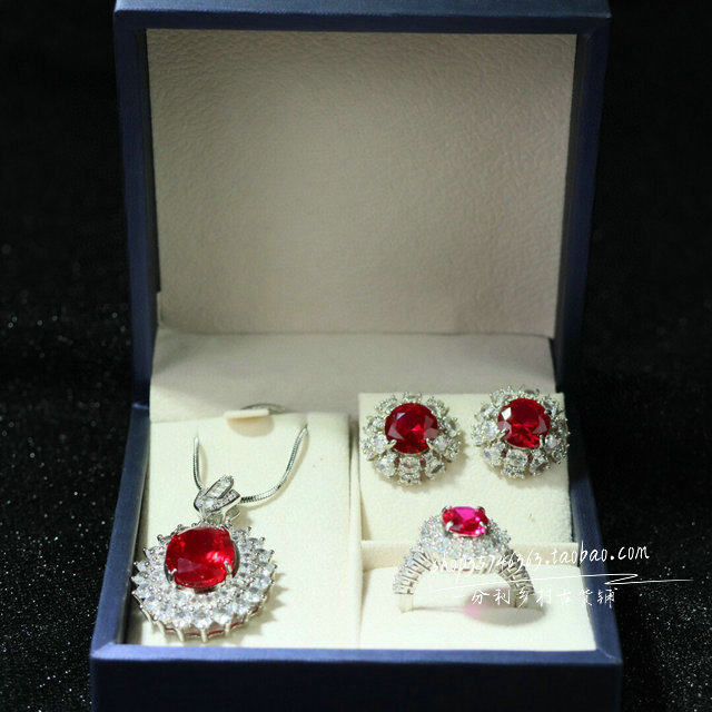 精品多面红宝石项链耳环三件套组合套装女款复古时尚百搭首饰品